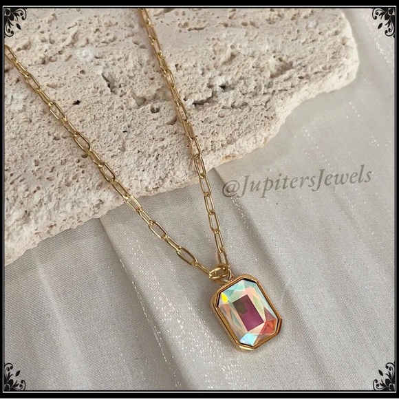 14k Gold Aurora Borealis Prism Emerald Cut Crystal Minimalist Paperclip Necklace - Picture 3 of 9